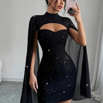  Simli  Pelerin Detaylı Elegant Elbise - Siyah 