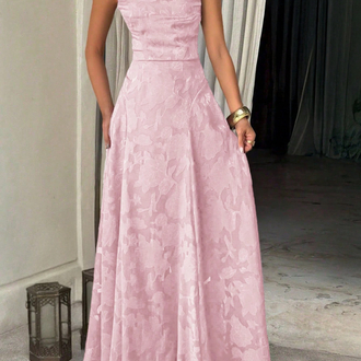 Elegant Lace Up Waist Backless Uzun Elbise - Pembe