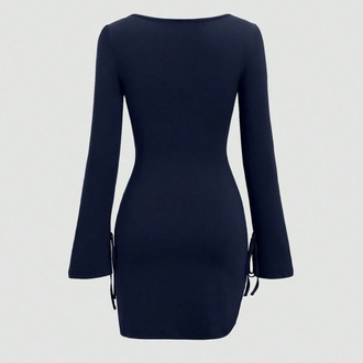 Sleeve Pleads Casual Elbise -Lacivert