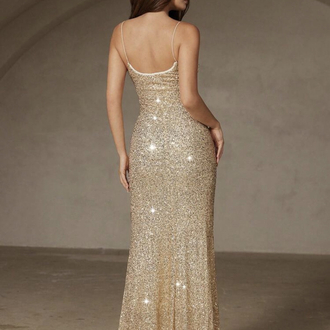 Gold Shiny Vücudu Saran Altın Rengi Elbise