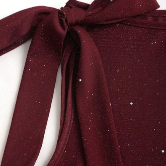 Asimetrik Yaka Mini Lolita Simli Elbise -Bordo 