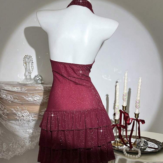 Women’s Draped Neck Ruffle Sexy Mini Elbise - Bordo