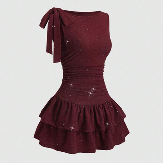 Asimetrik Yaka Mini Lolita Simli Elbise -Bordo 
