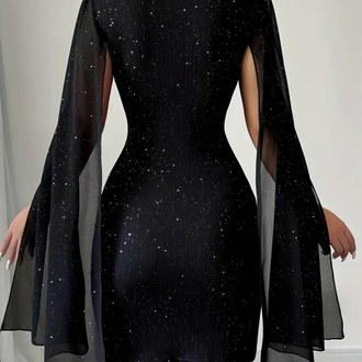  Simli  Pelerin Detaylı Elegant Elbise - Siyah 