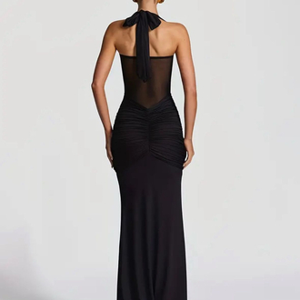 Halter Neck Siyah Transparan Detaylı Uzun Elbise