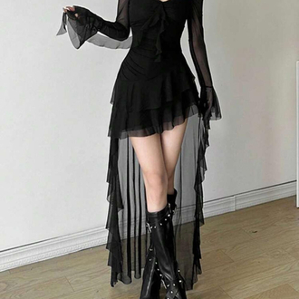 Coquette Sleeve Asimetrik Siyah Elbise