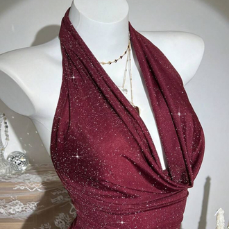Women’s Draped Neck Ruffle Sexy Mini Elbise - Bordo