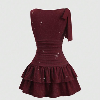 Asimetrik Yaka Mini Lolita Simli Elbise -Bordo 