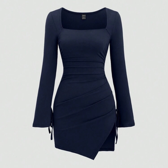 Sleeve Pleads Casual Elbise -Lacivert