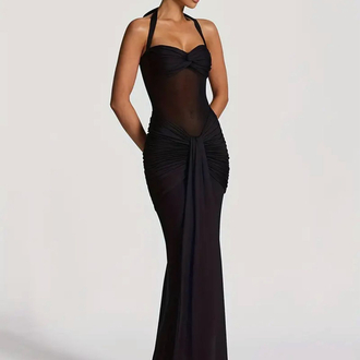 Halter Neck Siyah Transparan Detaylı Uzun Elbise