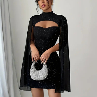  Simli  Pelerin Detaylı Elegant Elbise - Siyah 