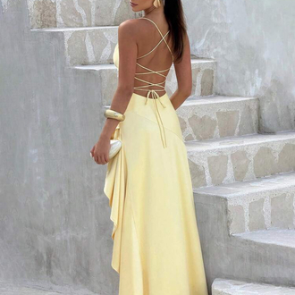Saten Arkası Bağcıklı Yırtmaçlı Sarı Elbise