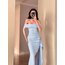 Elegant Strapless Yırtmaçlı Elbise - Mavi