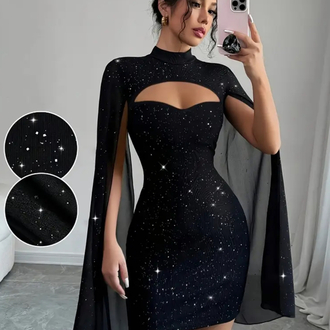  Simli  Pelerin Detaylı Elegant Elbise - Siyah 