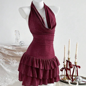 Women’s Draped Neck Ruffle Sexy Mini Elbise - Bordo