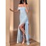 Elegant Strapless Yırtmaçlı Elbise - Mavi