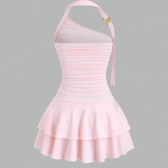 Spiral Detaylı Pembe Rengi Mini Elbise