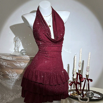 Women’s Draped Neck Ruffle Sexy Mini Elbise - Bordo