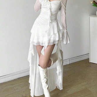 Coquette Sleeve Asimetrik Beyaz Elbise
