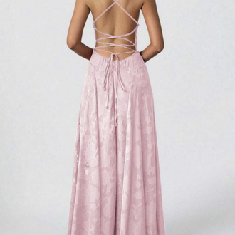 Elegant Lace Up Waist Backless Uzun Elbise - Pembe