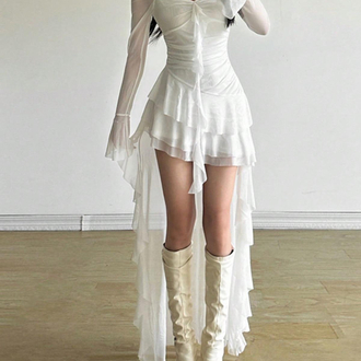 Coquette Sleeve Asimetrik Beyaz Elbise