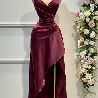 Elegant Saten For Daily Elbise- Bordo