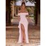 Elegant Strapless Yırtmaçlı Uzun Elbise - Pembe 