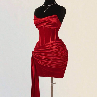 Elegant Korseli Saten İnfamous Elbise - Kırmızı