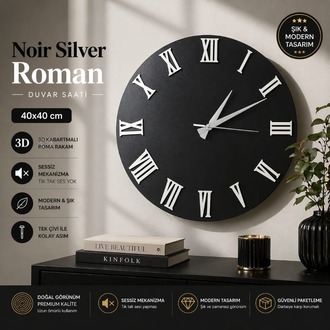 Noir Silver Roman – 40x40 cm Siyah Beyaz Roma Rakamlı Duvar Saati | 3D Kabartmalı