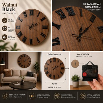 Walnut Black Roman – 40x40 cm Ceviz & Siyah Roma Rakamlı Duvar Saati | 3D Kabartmalı