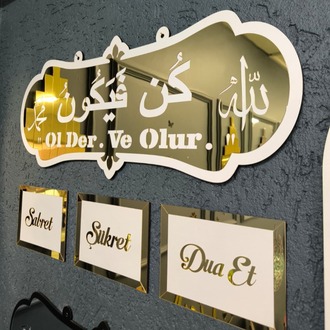 70x30 cm Allah (C.C) Kun Fe Yekûn Yazılı Aynalı Pleksi Tablo 4 Parça Set Gold Beyaz