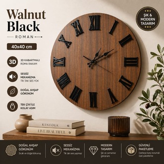 Walnut Black Roman – 40x40 cm Ceviz & Siyah Roma Rakamlı Duvar Saati | 3D Kabartmalı