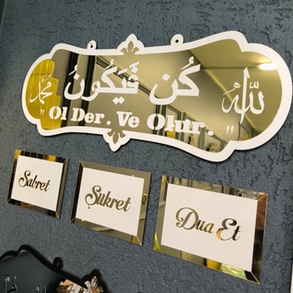 70x30 cm Allah (C.C) Kun Fe Yekûn Yazılı Aynalı Pleksi Tablo 4 Parça Set Gold Beyaz