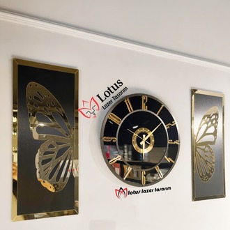 3’lü Aynalı Pleksi Duvar Saati Seti – Gold Siyah Kelebek Dekoratif Tablo Seti
