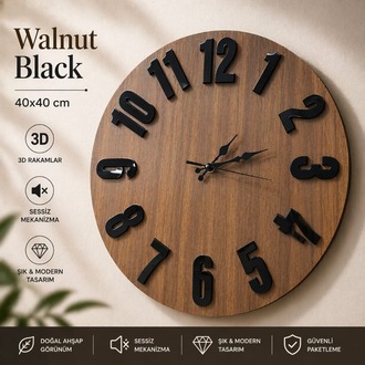 Walnut Black – Ceviz Siyah Aynalı Duvar Saati 40x40 cm, 3D Kabartmalı