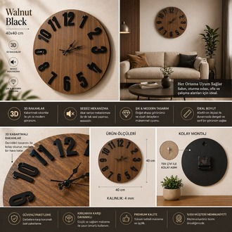 Walnut Black – Ceviz Siyah Aynalı Duvar Saati 40x40 cm, 3D Kabartmalı