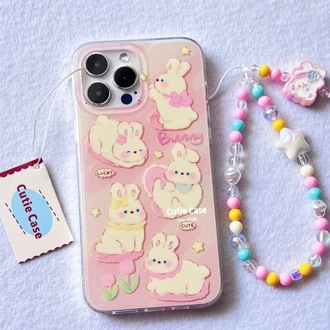 Pembe Lale Tavşan Çiçek Desenli ip Kılıf + Charm