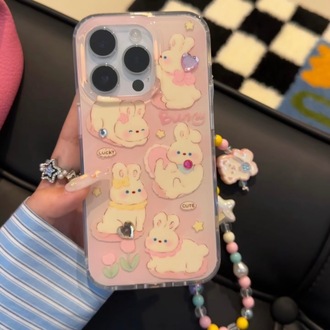 Pembe Lale Tavşan Çiçek Desenli ip Kılıf + Charm