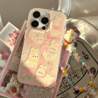 Pembe Lale Tavşan Çiçek Desenli ip Kılıf + Charm