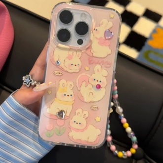 Pembe Lale Tavşan Çiçek Desenli ip Kılıf + Charm