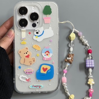 Çift Katmanlı Çiçek Desenli Yarı Şeffaf Hayvan Figürlü Kilif + Charm