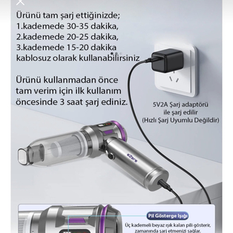 TurboVac 20000pa Güçlü Dijital Göstergeli Vakumlu Kablosuz Üflemeli Mini Araç Süpürgesi