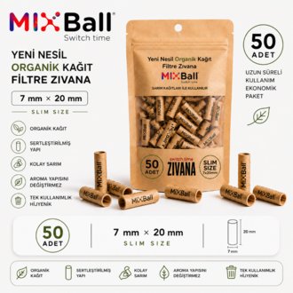 50 Adet Mixball Organik Kağıt Filtre 8 mm × 20 mm – Slim Seri (Sertleştirilmiş)
