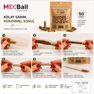 50 Adet Mixball Organik Kağıt Filtre 8 mm × 20 mm – Slim Seri (Sertleştirilmiş)