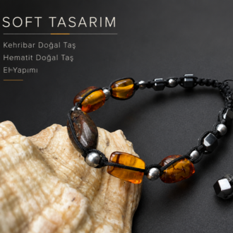 Kehribar ve Hematit Doğal Taş Unisex Bileklik – El Yapımı Ayarlanabilir Siyah Makrome Tasarım