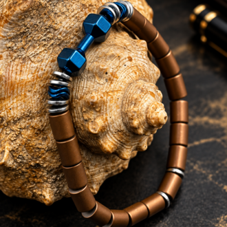 Mavi Dumbbell Erkek Bileklik – Bronz Silindir, Gümüş Halka ve Dalgalı Mavi