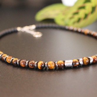 Tiger's Eye, Hematite, and Black Onyx Necklace, Unique Handmade Necklace
