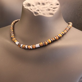 Tiger's Eye, Hematite, and Black Onyx Necklace, Unique Handmade Necklace