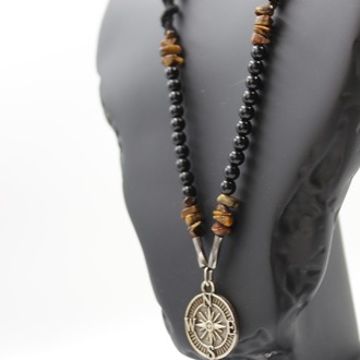 Handmade Men's Natural Stone Necklace – Tiger's Eye with Compass Pendant, Unique & Spe