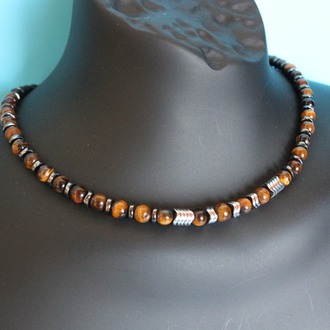 Tiger's Eye, Hematite, and Black Onyx Necklace, Unique Handmade Necklace